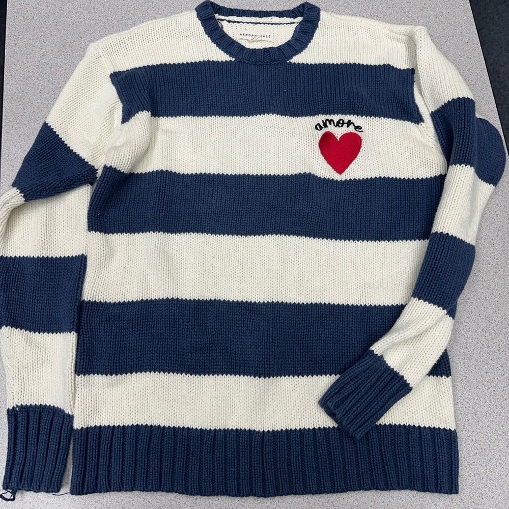 Aeropostale Blue and White Striped Sweater with Red Heart